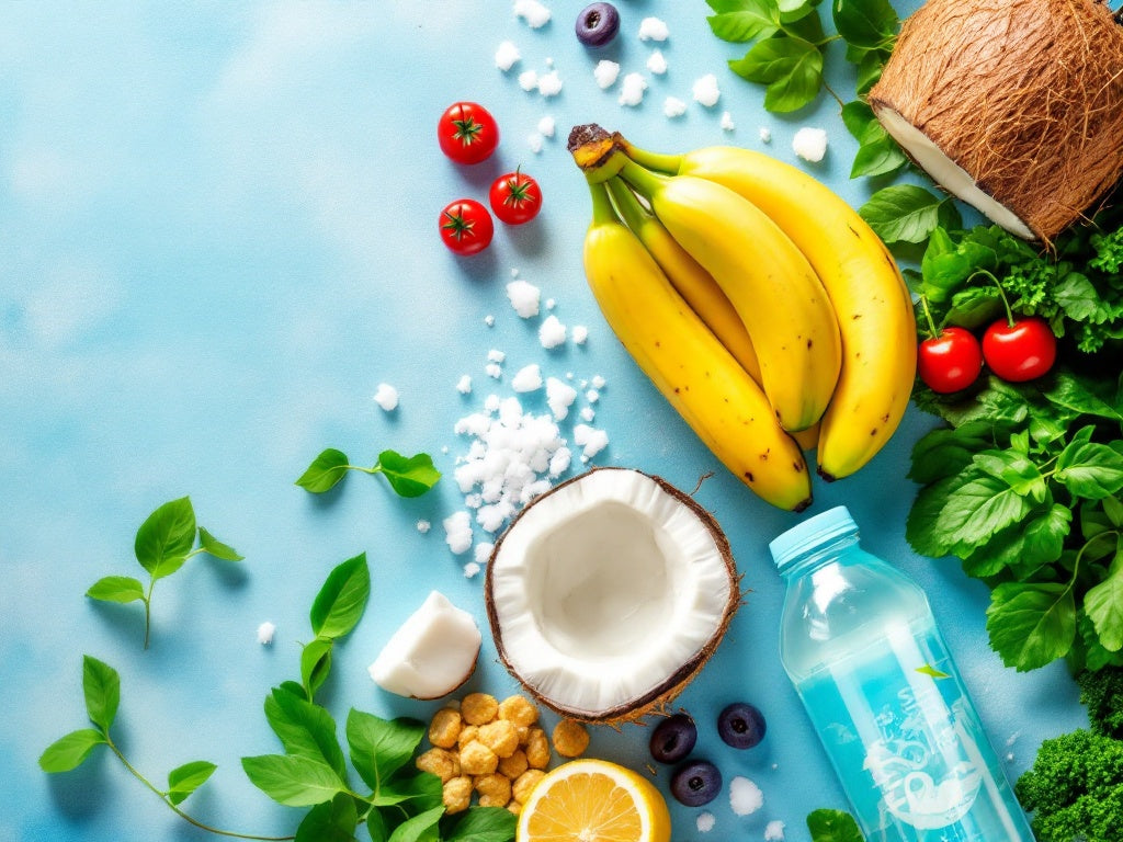 Electrolyte-rich foods on blue background: bananas, coconut, tomatoes, berries, nuts, and salt crystals with water bottle. Flat lay of natural hydration sources