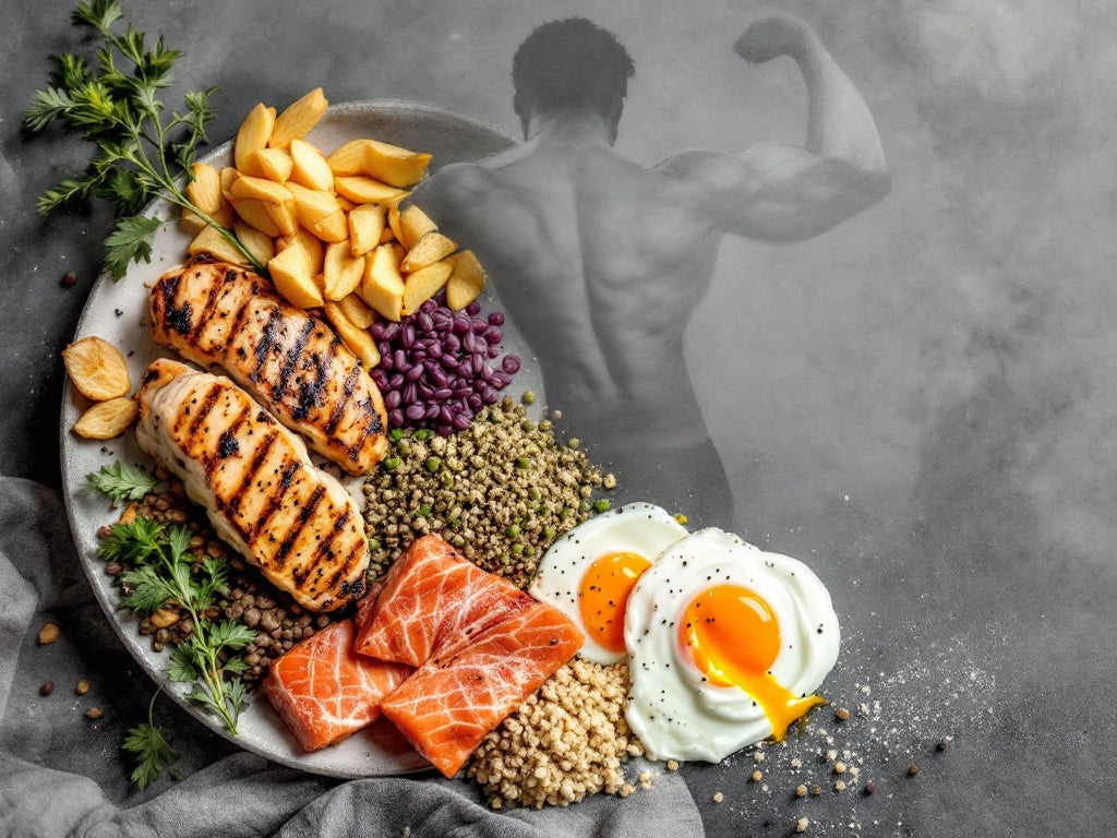 Protein-rich meal featuring grilled chicken, salmon, eggs, quinoa and lentils, with a muscular silhouette in the background demonstrating the connection between protein and muscle development.