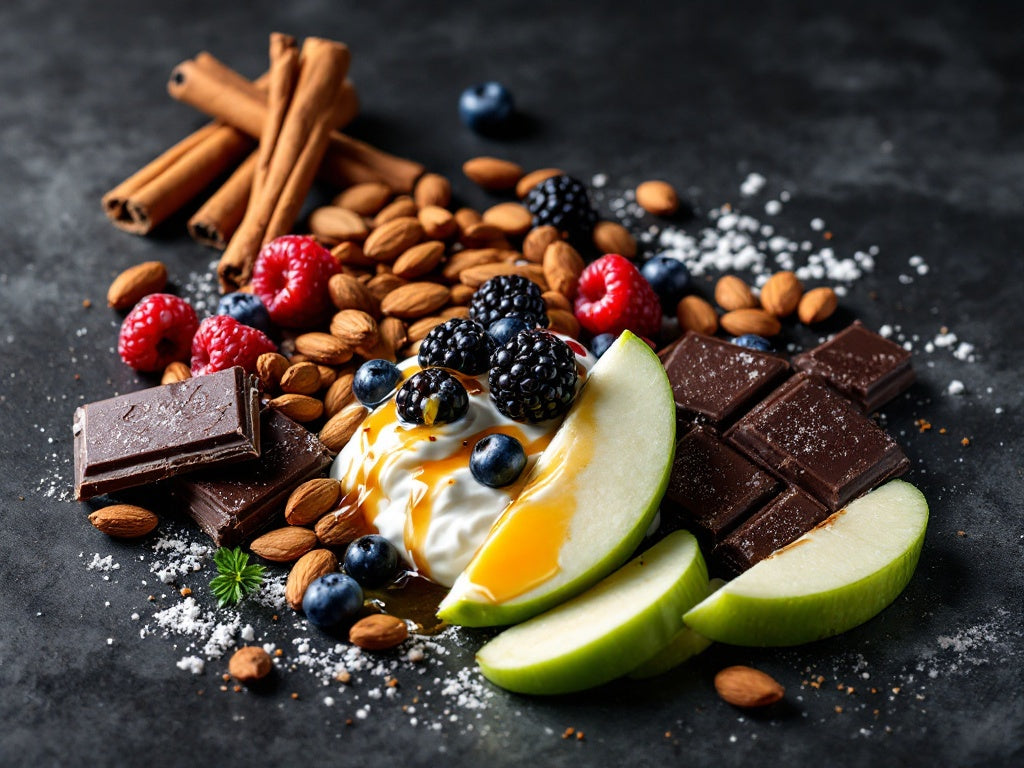 Healthy foods that help curb sugar cravings arranged artfully: berries, dark chocolate, nuts, yogurt, and fresh fruit on a dark surface